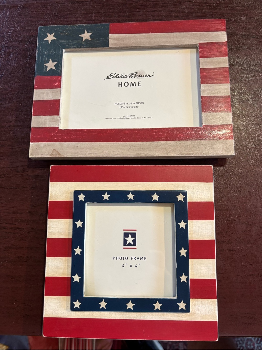 Set of 2 Americana Patriotic American Flag Photo Frames Eddie Bauer 4x6 & 4x4